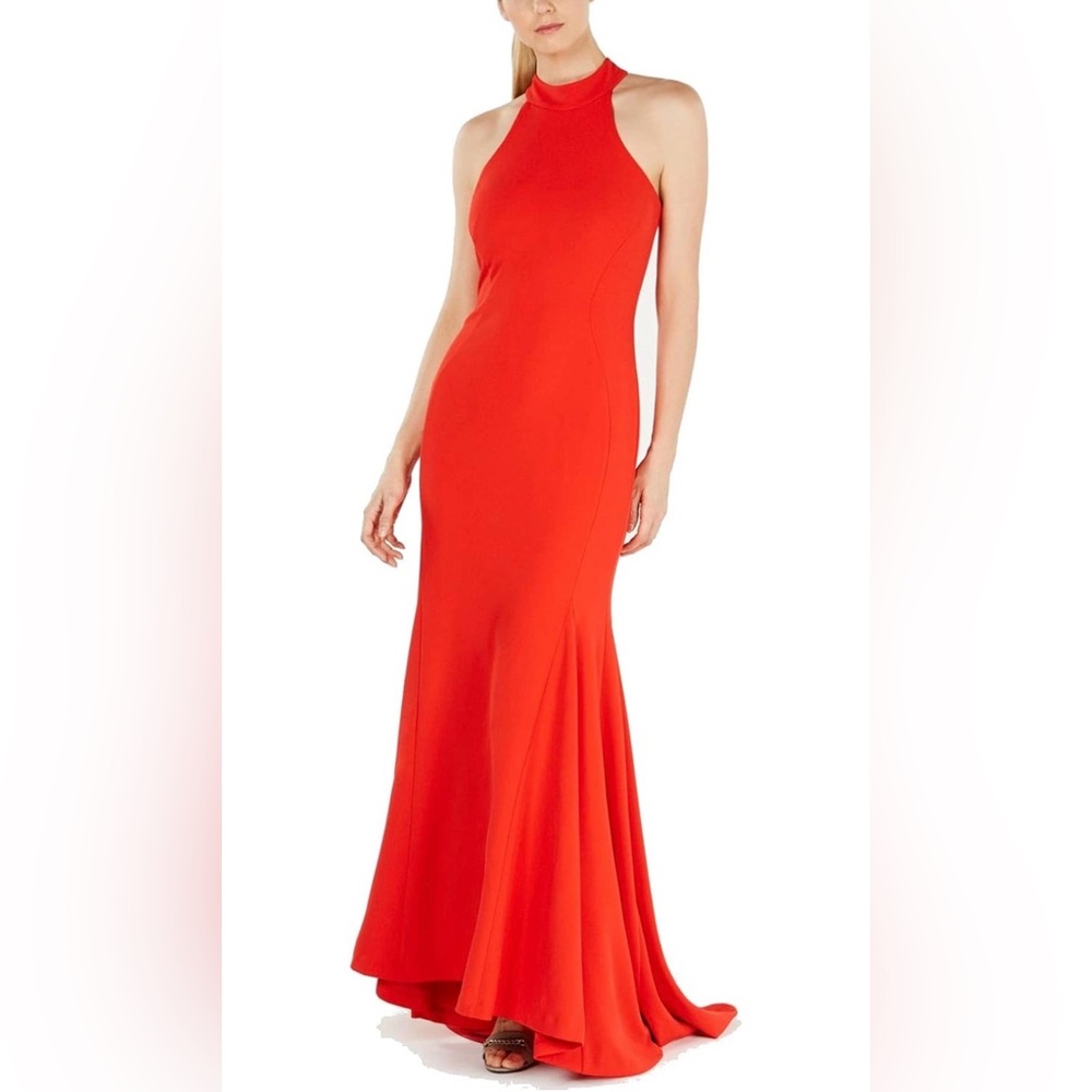 Calvin Klein Red Backless Halter Gown with Bow Tie